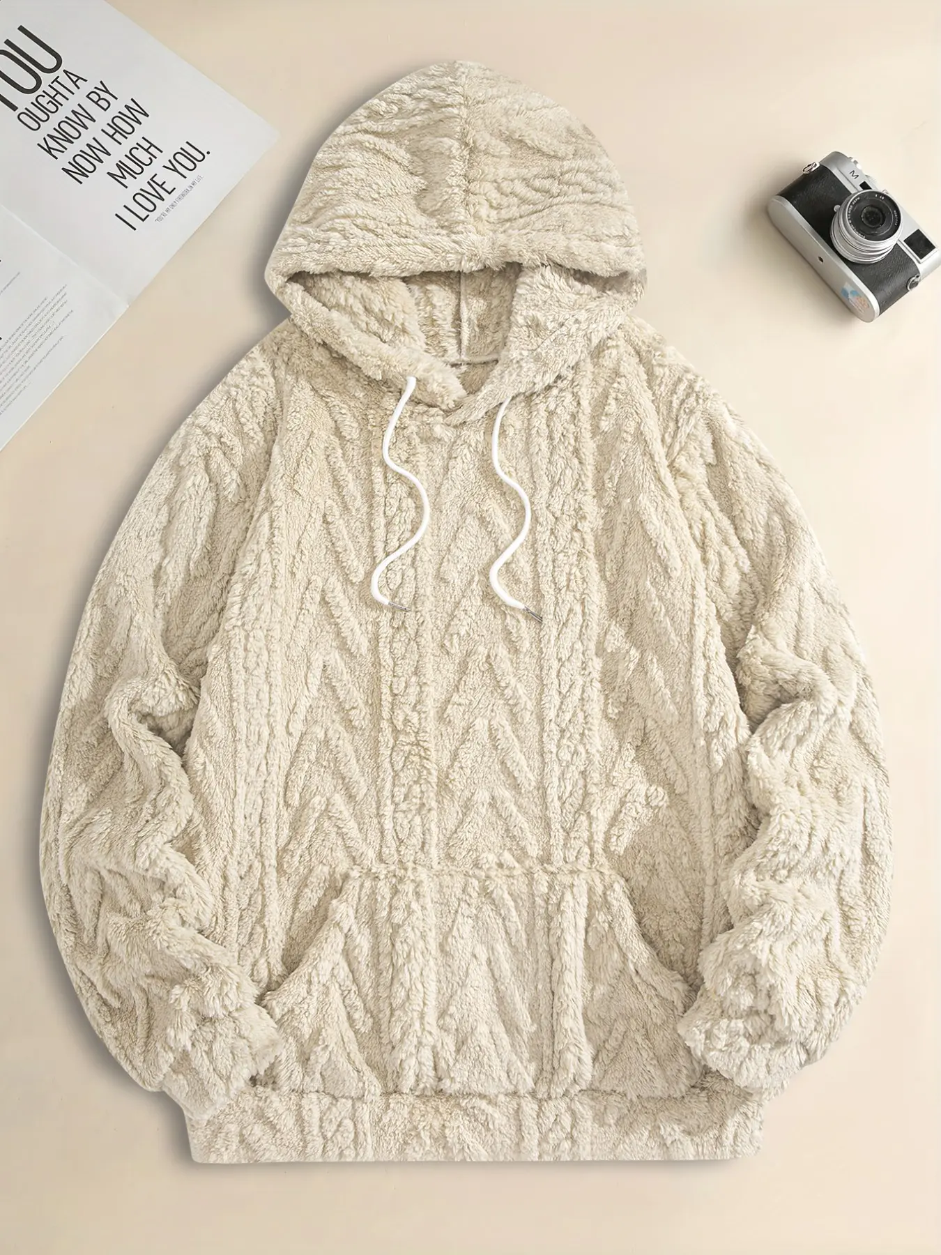 Apricot Wave Texture Fuzzy Hoodie, Lazy Minimalist Style, Thick Warm Soft Skin-Friendly Drawstring Hooded Sweatshirt, Unisex Fall Winter Wear