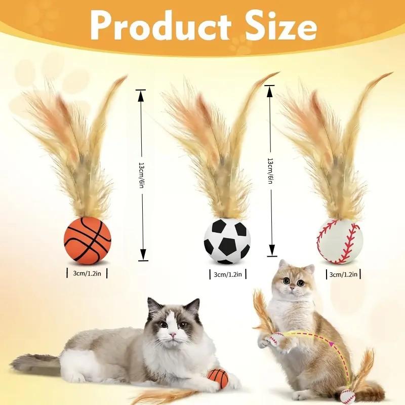Interactive Cat Toys Set, New Elastic Ball with Feather Tail, Soccer Basketball Baseball Shapes, Indoor Chase Game, Essential Cat Toy