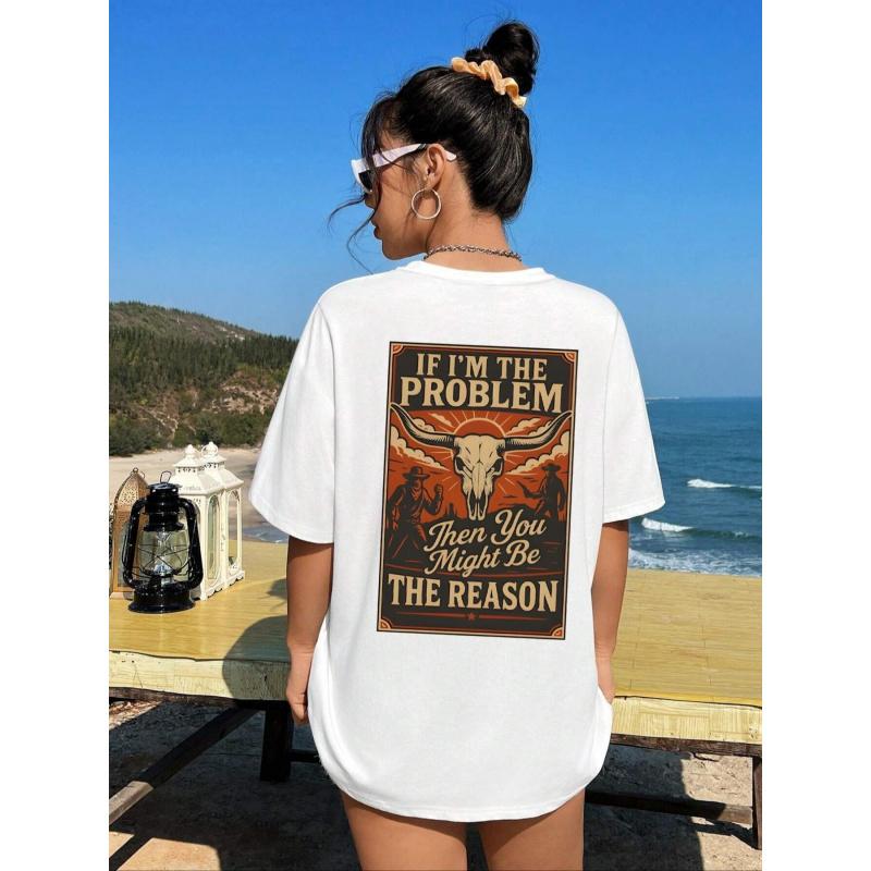 Women's Vintage Fit Funny T-Shirt - Retro Baggy Loose Short-Sleeve Round Neck Drop Shoulder, Comfortable Fabric, Western Skull & Slogan Graphic, Unisex Gym Wear, Sporty Chic Style, Foldable Concerts Streetwear, Graphic Tees Women