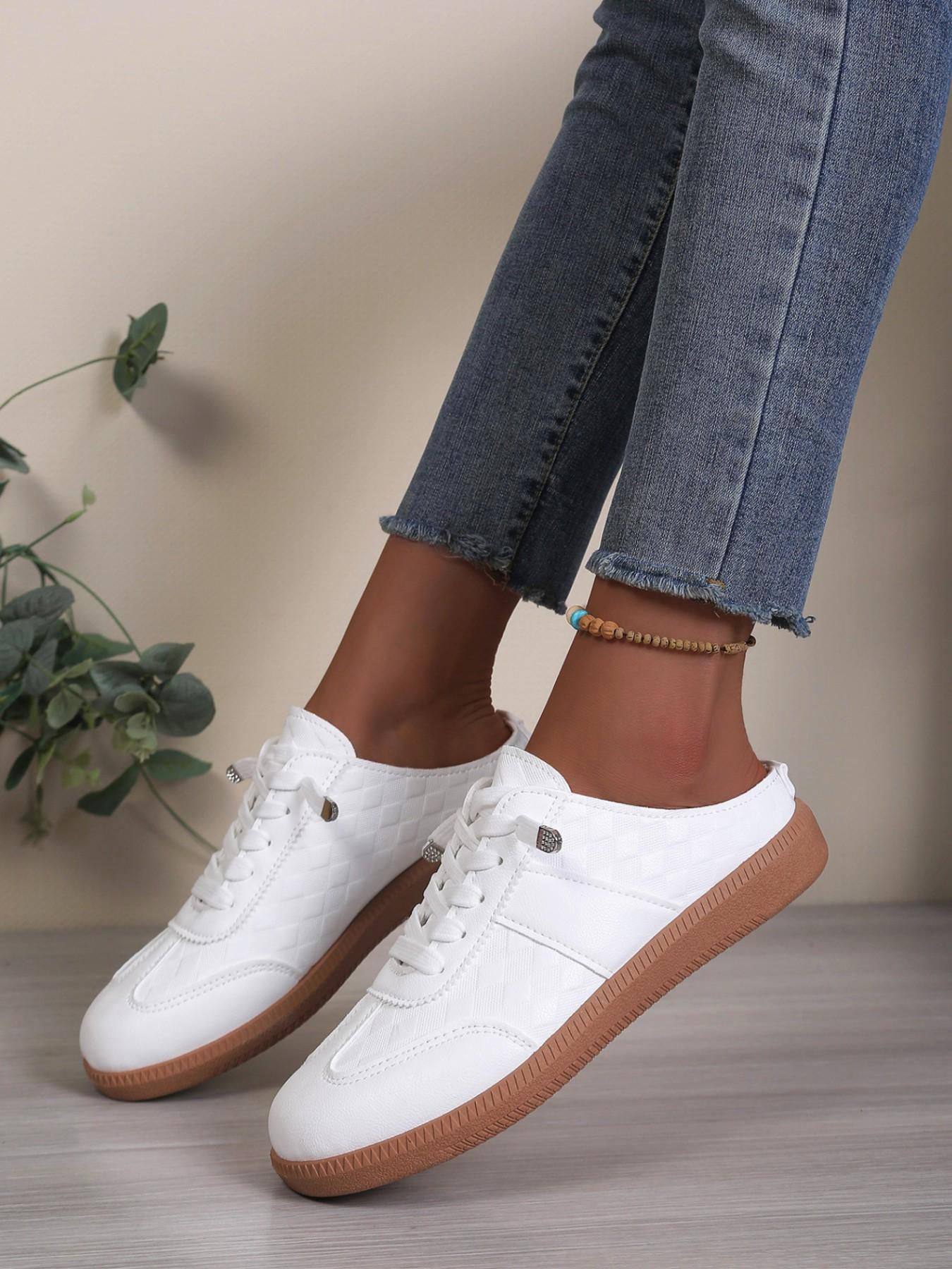 Women's 2026 Summer Vacation Essential Quilted Lace-Up Open Back Mule Sneakers, Slip-On Casual Footwear for Beach Strolls, Poolside & Everyday Summer Days, Rubber