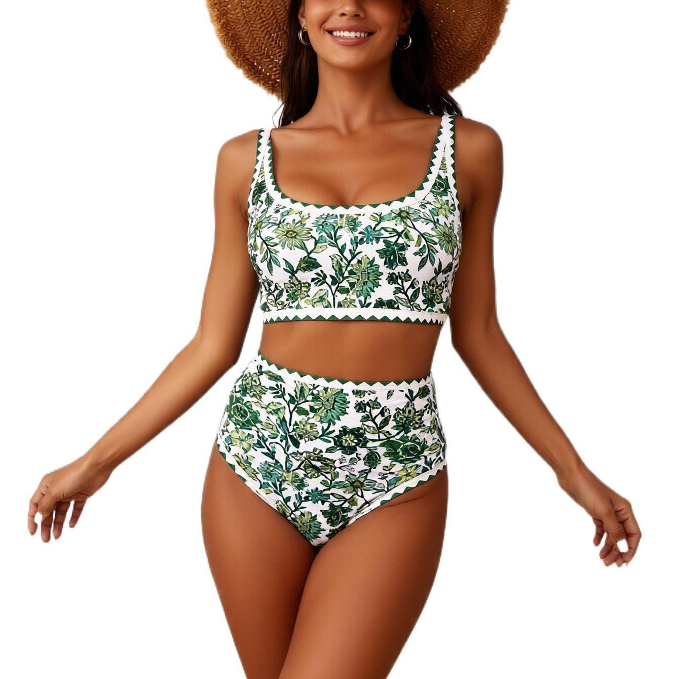Women's Fashion Two-Piece Set High-Waisted Floral Bikini  Slimming with Tummy Control Wide Shoulder Straps Vacation Swimsuit  Perfect for Vacation Photoshoots