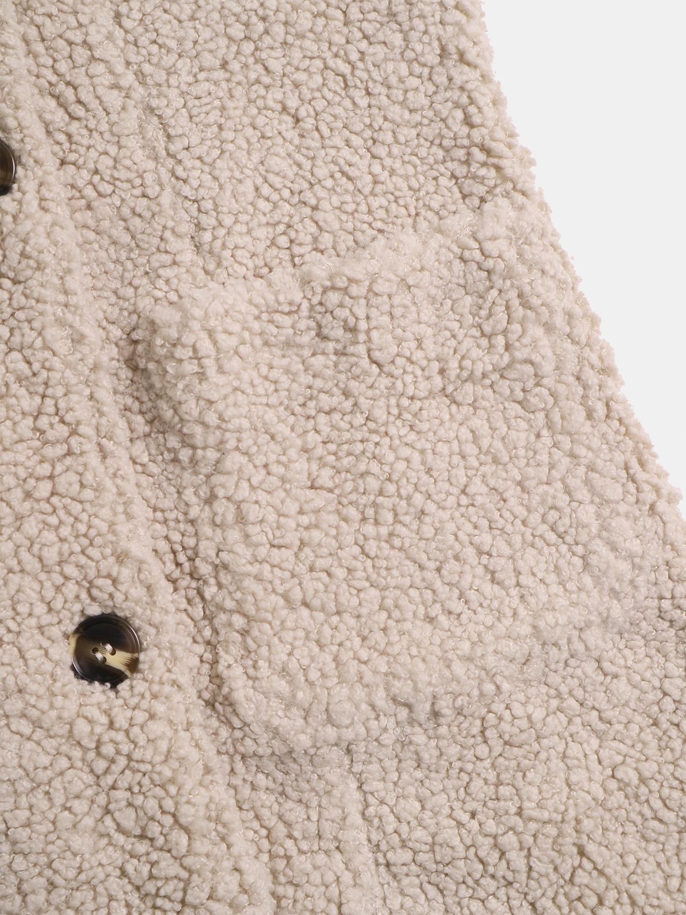 Women's Winter Lamb Fur Mid-Length Coat, Soft Aesthetic Ladies Double-Breasted Outerwear, Casual Loose-Fitting Jacket, Plain Pattern, No Ca Prop 65