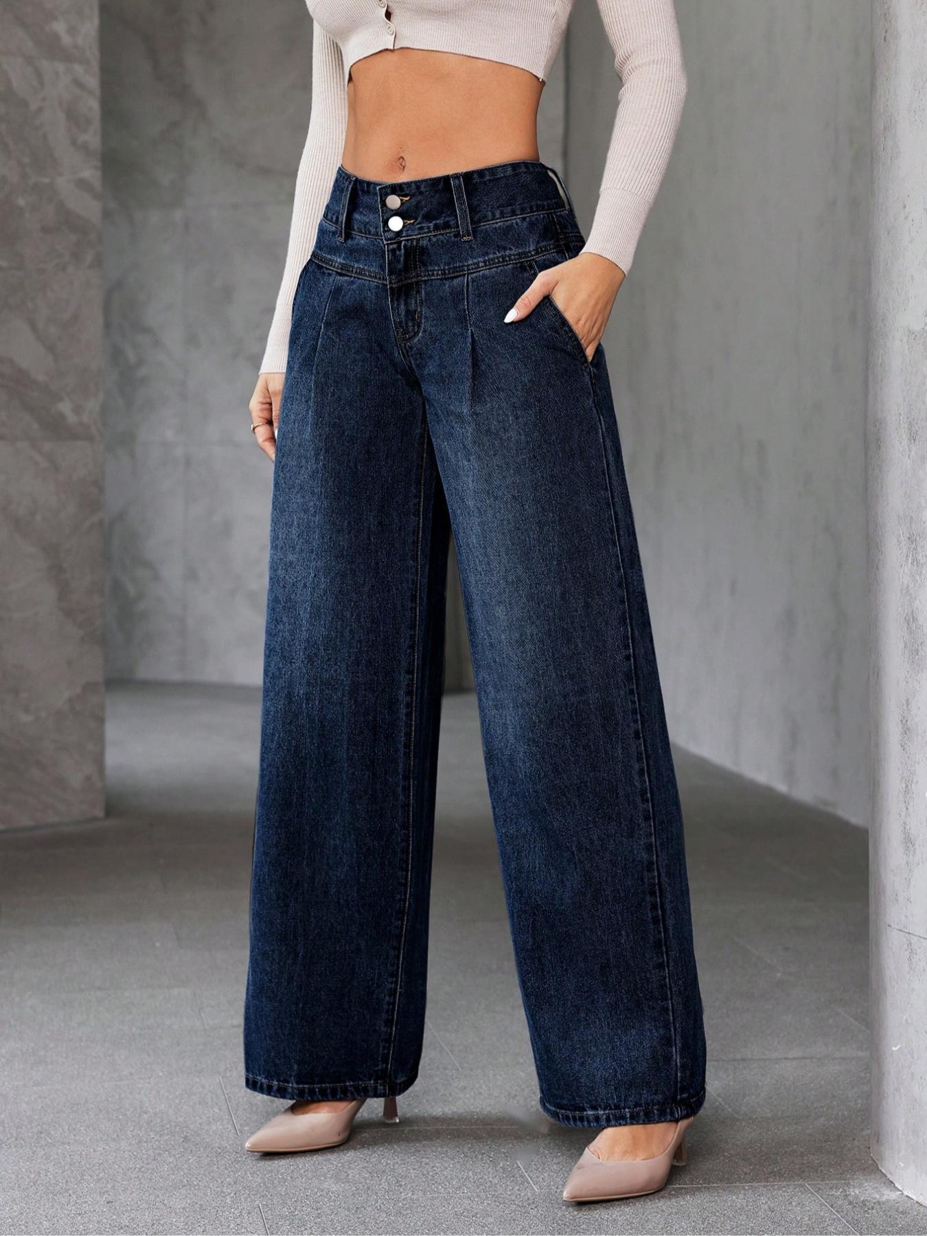 Women's Wide-Leg Loose-Fit Jeans Pants, High-Waisted Button Fly Denim Jeans with Pockets, Fashionable Comfortable Everyday Casual Wear for All Seasons