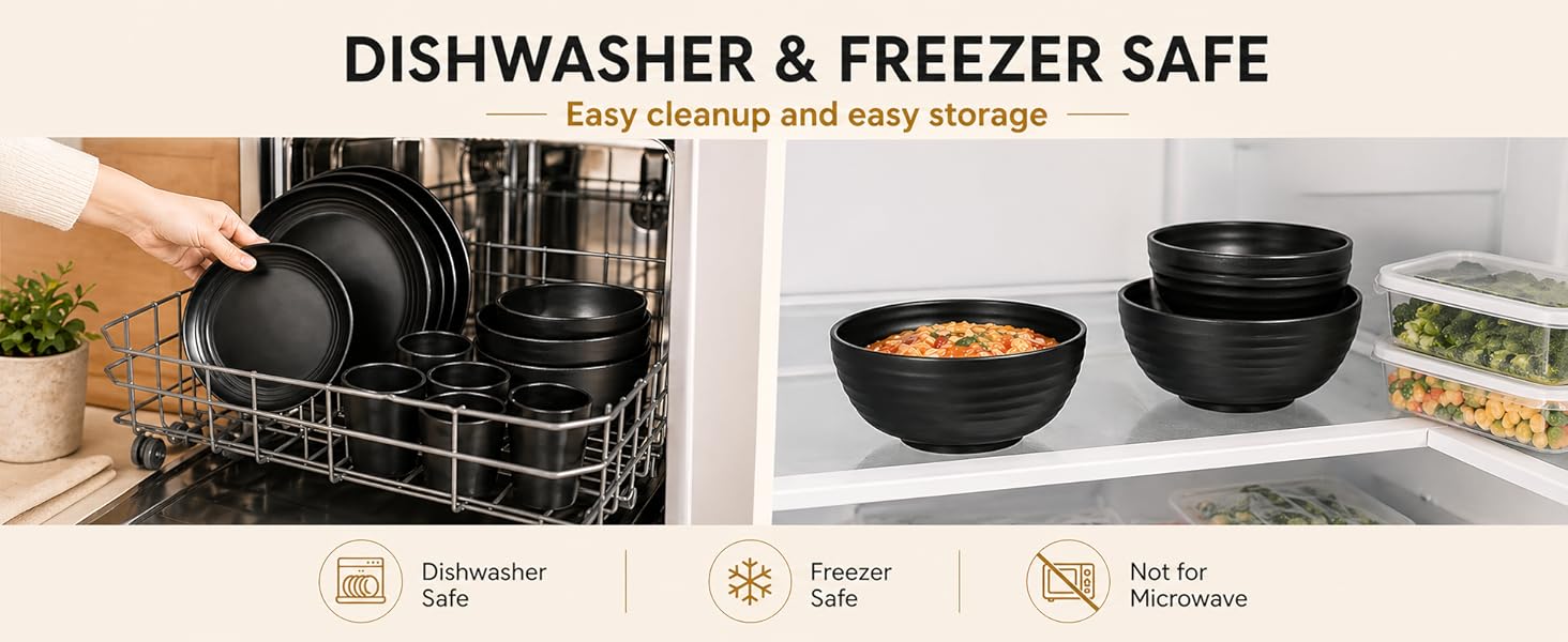 32-Piece Kitchen Plastic Wheat Straw Dinnerware Set, Service for 8, Unbreakable Modern Dish Set - Dinner Plate/Dessert Plate/Cereal Bowl/Cup, for Apartment Essentials, Outdoor Camping, Black