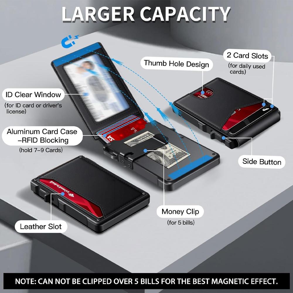 Minimalist Men’s Slim Wallet: 9 - 13 Cards, Money Clip, ID Window. RFID - Blocking, Aluminum Bifold Pop - Up SpringStatements
