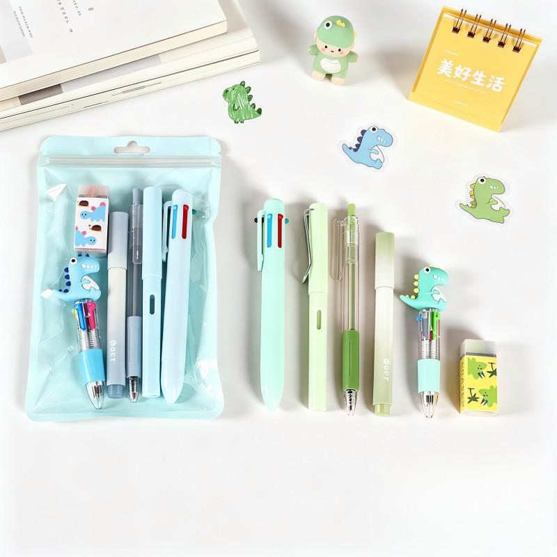 1 set of 6-piece dinosaur themed stationery, including dinosaur 6-color pens, pencils, ballpoint pens, erasers, and markers, Essential for back to school, Study Supplies. There are 3 colors to choose from, suitable for classroom rewards and holiday gifts