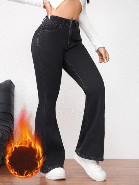Women's Fleece Lined Thick Denim Flare Pants, Elegant Fall & Winter Fashion, Warm Woven Fabric, Plain Pattern, Versatile Style
