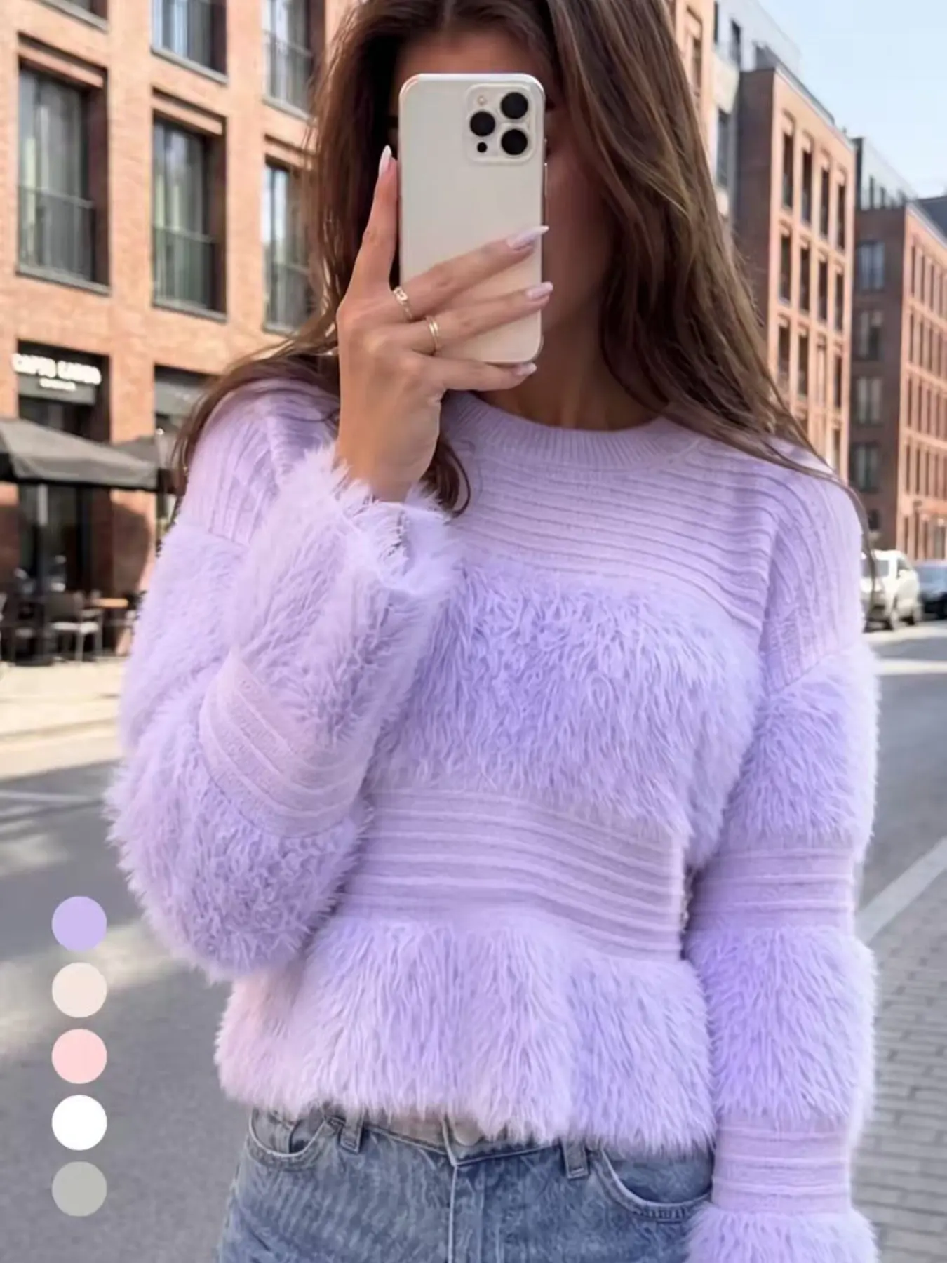 Sweet Plush Texture Short Knit Sweater, Women's Colorblock Textured Long Sleeve Round Neck Casual Party Top, Comfortable and Stylish