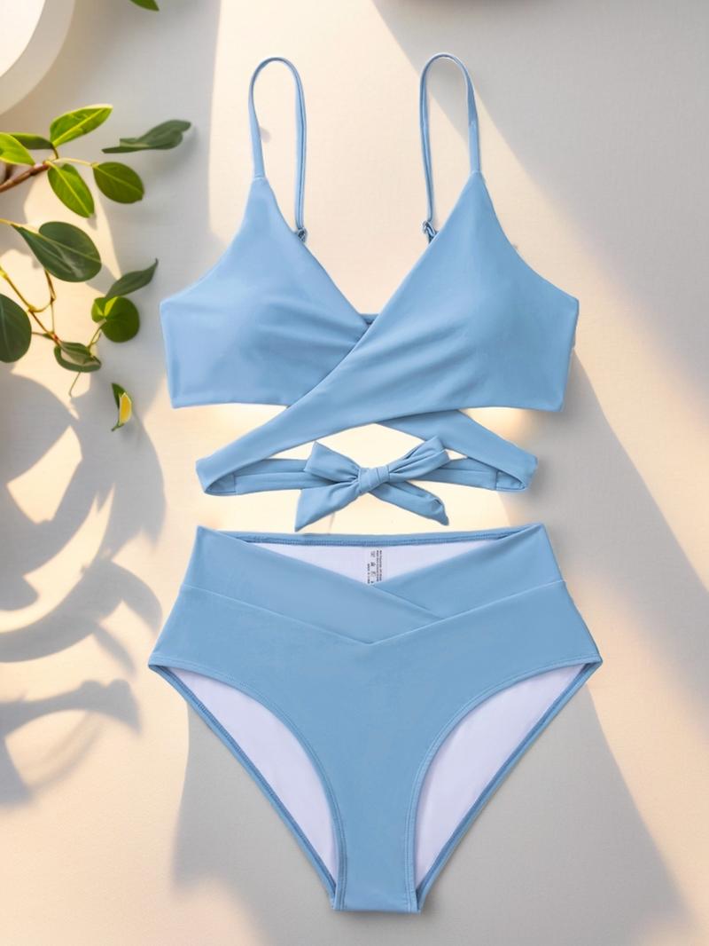 Two-piece Set Women's Solid Criss Cross Tie Back Bra & High Waist Panty Swimsuit Set, Casual Wrap V Neck Swim Top & High Cut Swim Bottom