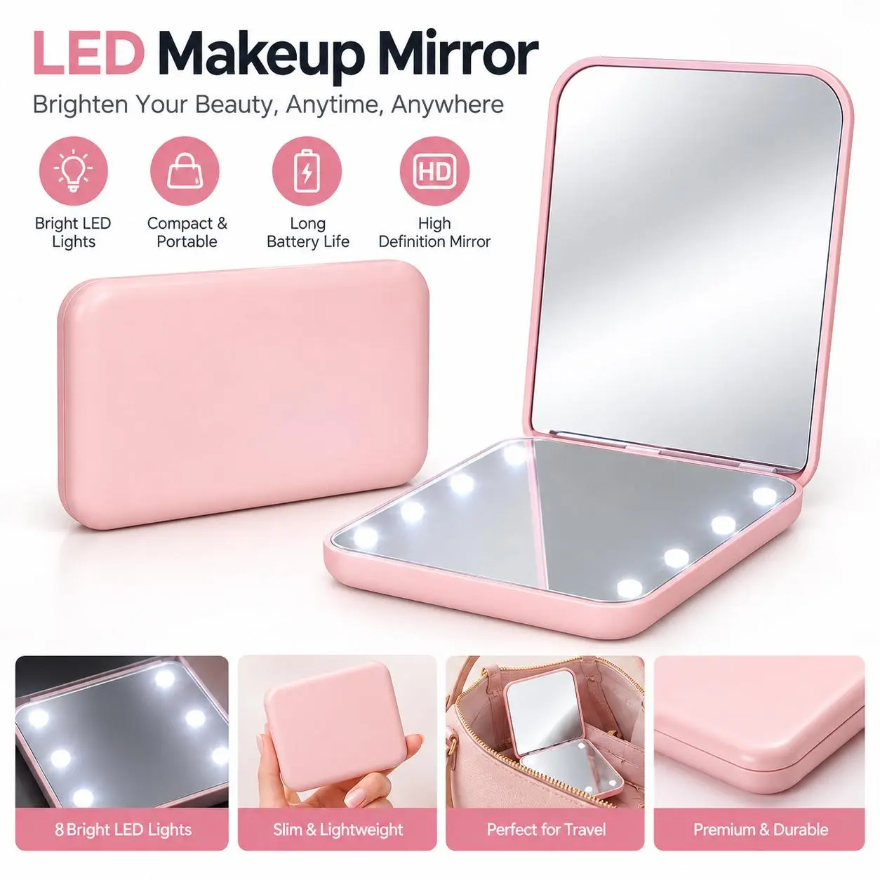 2PCS Pocket Mirror 1X/3X Magnification LED Compact Travel Makeup Mirror with Light for Purse, 2-Sided, Portable, Folding, Handheld, Small Lighted Mirror for Gift, Pink