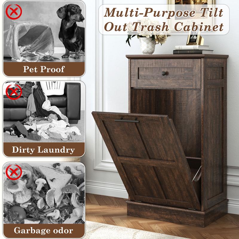 Trash Can Cabinet, 10 Gallons / 20 Gallons Farmhouse Hidden Wood Garbage Can Bin Cabinet with Drawers, Tilt Out Laundry Hamper with Laundry Storage Basket for Bathroom, Kitchen, Brown/Antique White