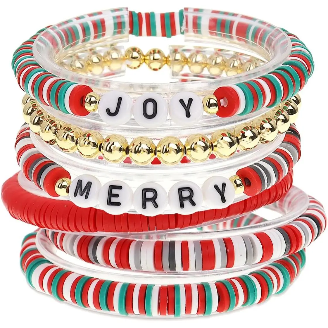 Christmas  Clay Beaded Stretch Bracelets Set for Women |   Material,  Letter Xmas Bracelets Bulk, Boho Joy White Red Green Ball Holiday