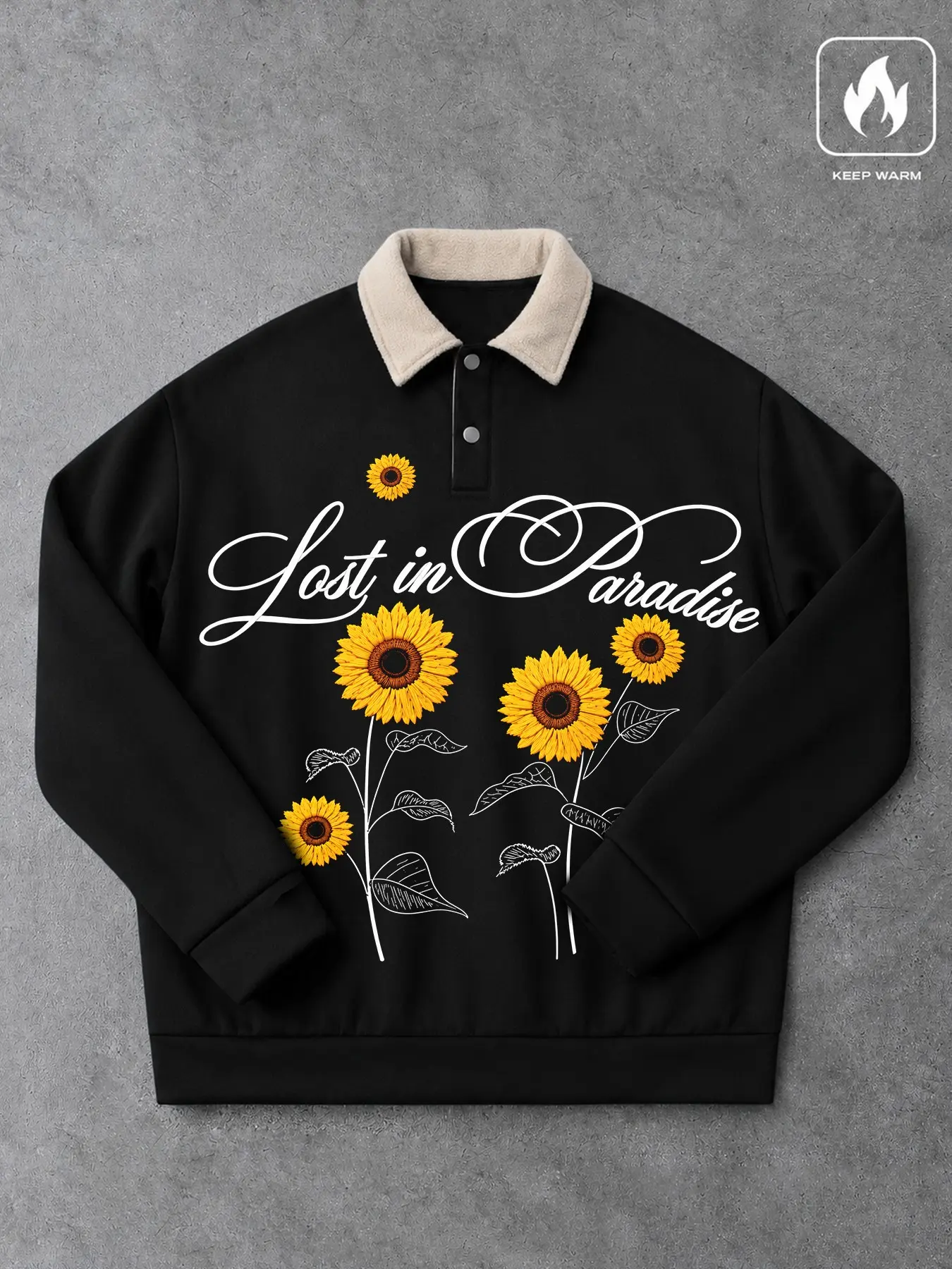 Men's Loose Fit Sunflower Print Polo Shirt, Long Sleeve Casual Rugby Shirt, Fall Winter Fashion, Fitted H-Type Silhouette