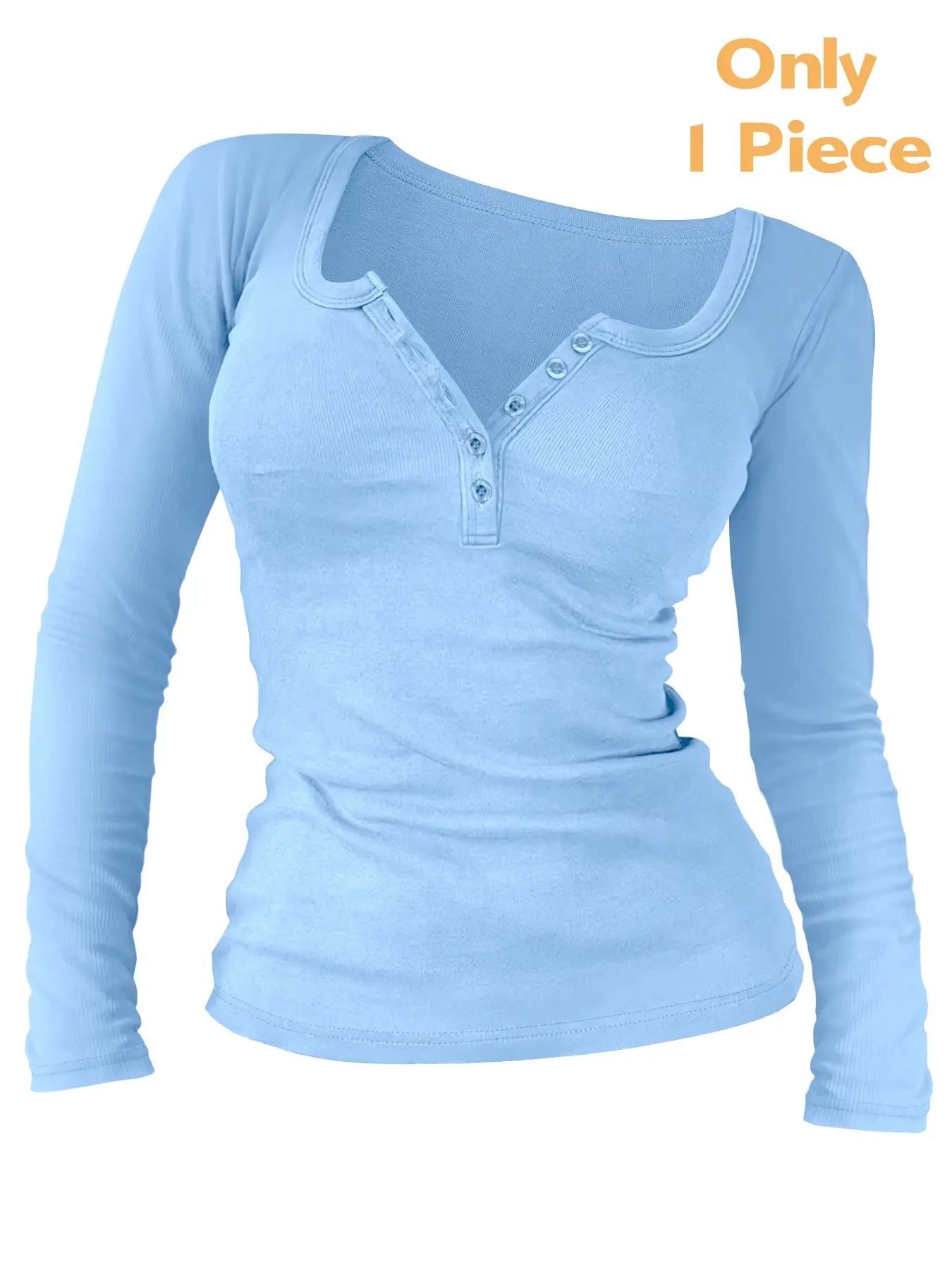 Spring Fall Fashion Casual Basic Thin Fitted Long Sleeve Crewneck Round Neck Solid Color  Women's Top T-Shirt with Buttons, Everyday Comfortable Fabric for Daily Wear Casual Basic Tee