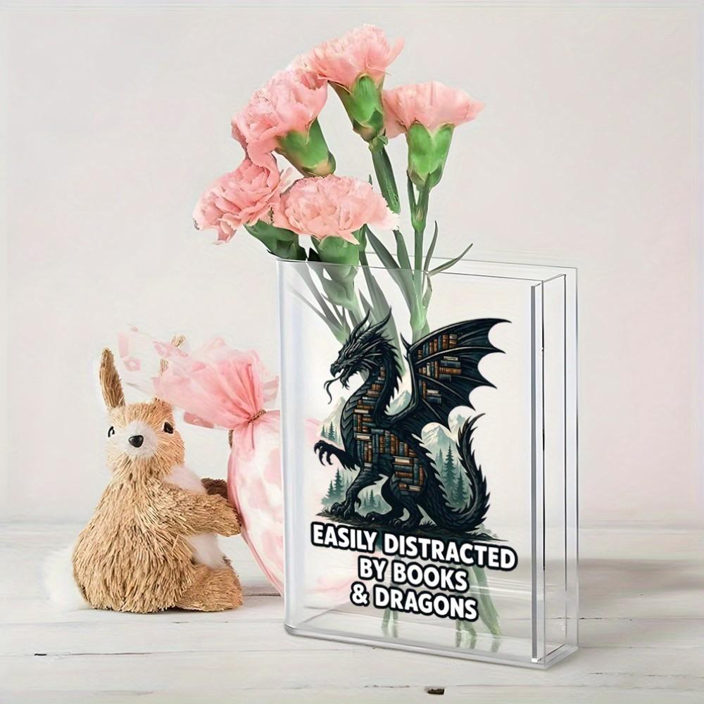 Acrylic Book-Shaped Vase, Transparent Material, Hand-Drawn Shelf Design, Elegant Home Decor, Perfect for Teacher's Day, Birthday, Christmas