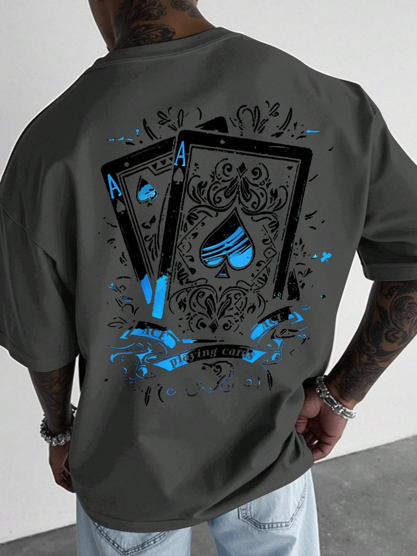 Oversized Spade Pattern T-shirt for Men, 2026 Summer Street Style Poker Printed T-shirt, Retro Y2K Harajuku Casual Cotton Top, Hip Hop Street Style Short Sleeve, Casual Daily Wear