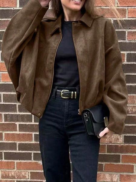 Spring & Fall Suede Texture Zipper Button Pilot Jacket Coat, Stylish Turn-Down Collar Design, Perfect for Casual Wear