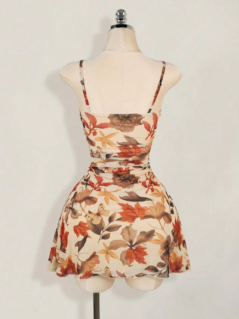 1 Piece Autumn Leaf Waist-Cinched Dress | Euro-American Casual Vibe | Spaghetti Strap Design + Breathable Fabric | Comfortable Pick for Autumn Day Trips / Casual Social Gatherings / Valentine's Day