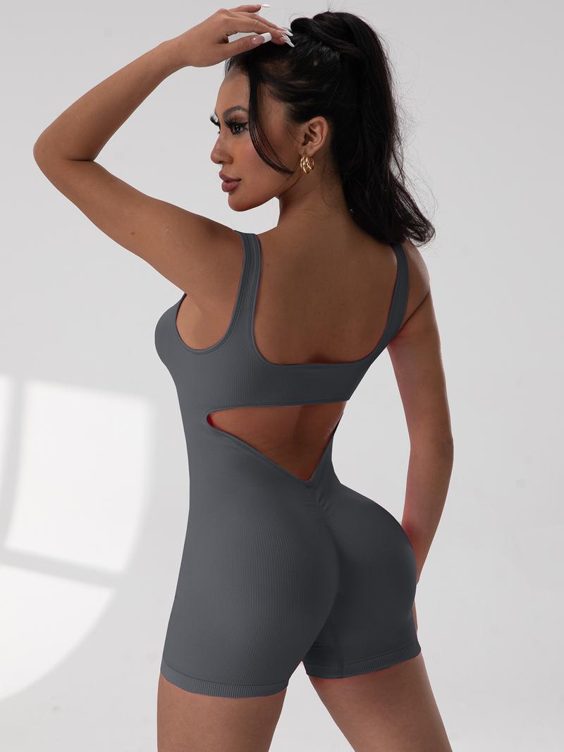 CHRLEISURE 3PCS Backless Sleeveless Sports Jumpsuits Shorts Workout For Women V Back Scrunch Yoga Romper Fitness Bodysuit leggings