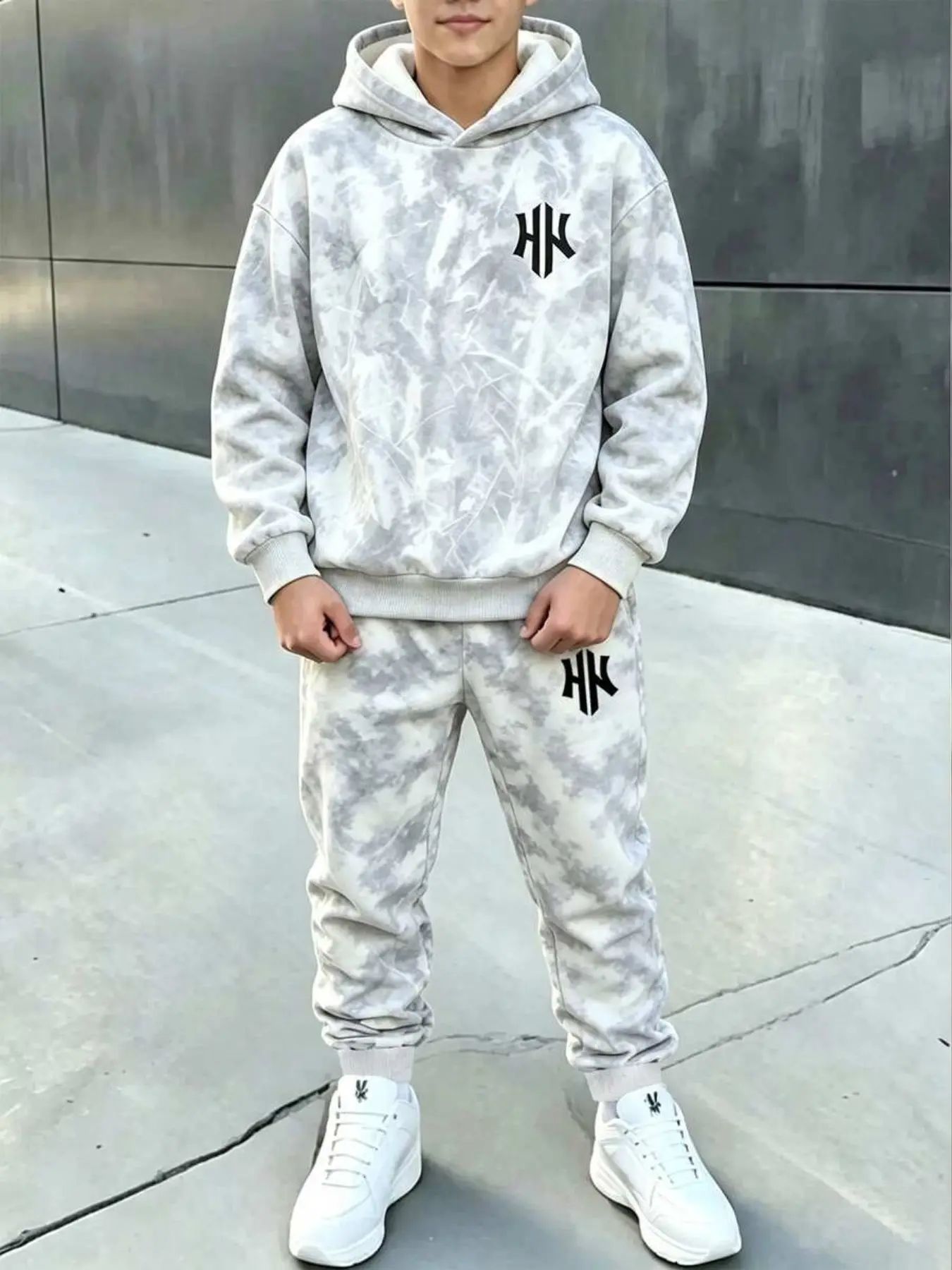 Boys' Simple High-End Print Hooded Long Sleeve Sweatshirt Set, Fall Winter, Casual School Outdoor Shopping Sports Wear