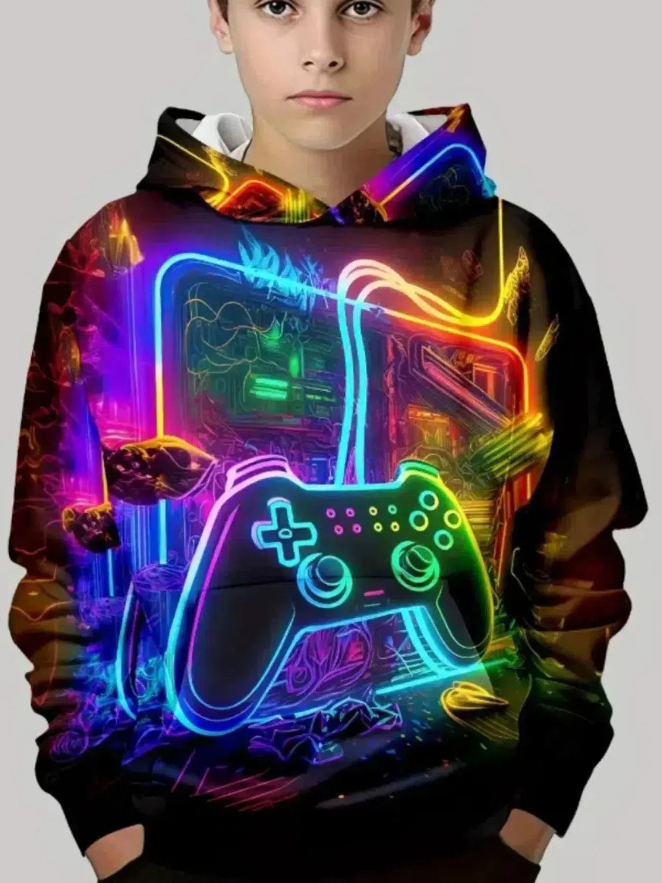 Boy Neon Game Controller Print Hoodie Set, Cyberpunk Street Style, Casual Sweatpants, Perfect for School, Gaming, Travel, Gifts