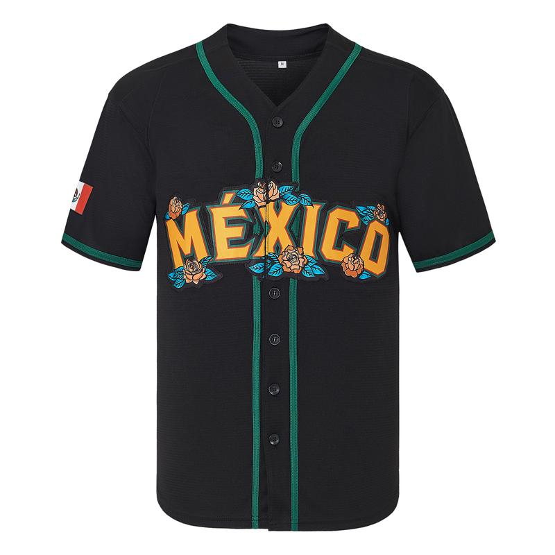 V-Neck Mexico Guadalupe Embroidered Baseball Jersey,Men's Gift,Button Short Sleeve Sports Jersey,Loose Breathable Soft Comfort,Gift for Game Day