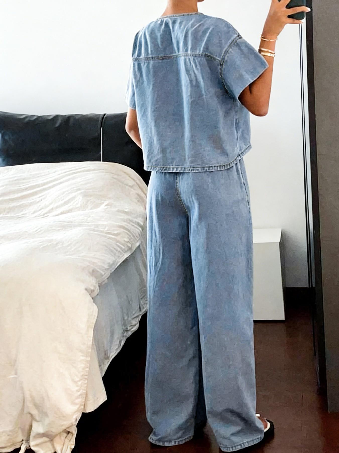 Women's Denim Two-Piece Set, Vintage Tie-Back Short Top, Wide Leg Pants, Casual Loose Fit, Summer