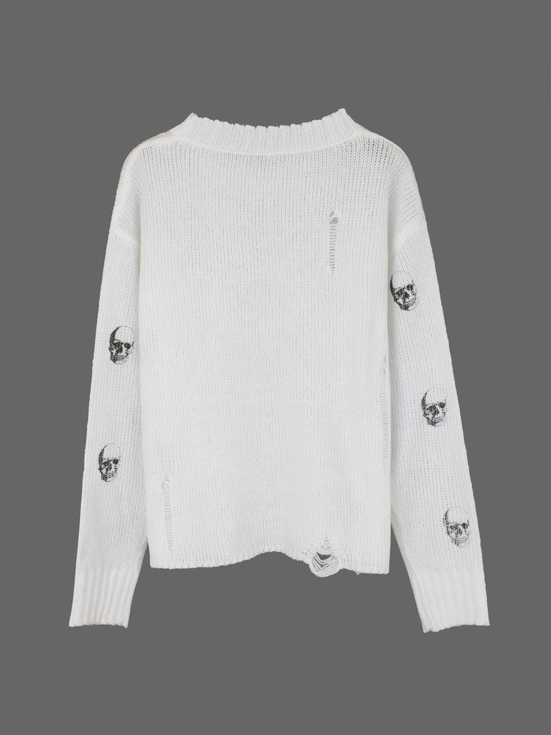 Women's Skull Print Round Neck Sweater, Casual Long Sleeve Crew Neck Jumper for Spring & Fall, Fashion Women's Knitwear for Daily Wear