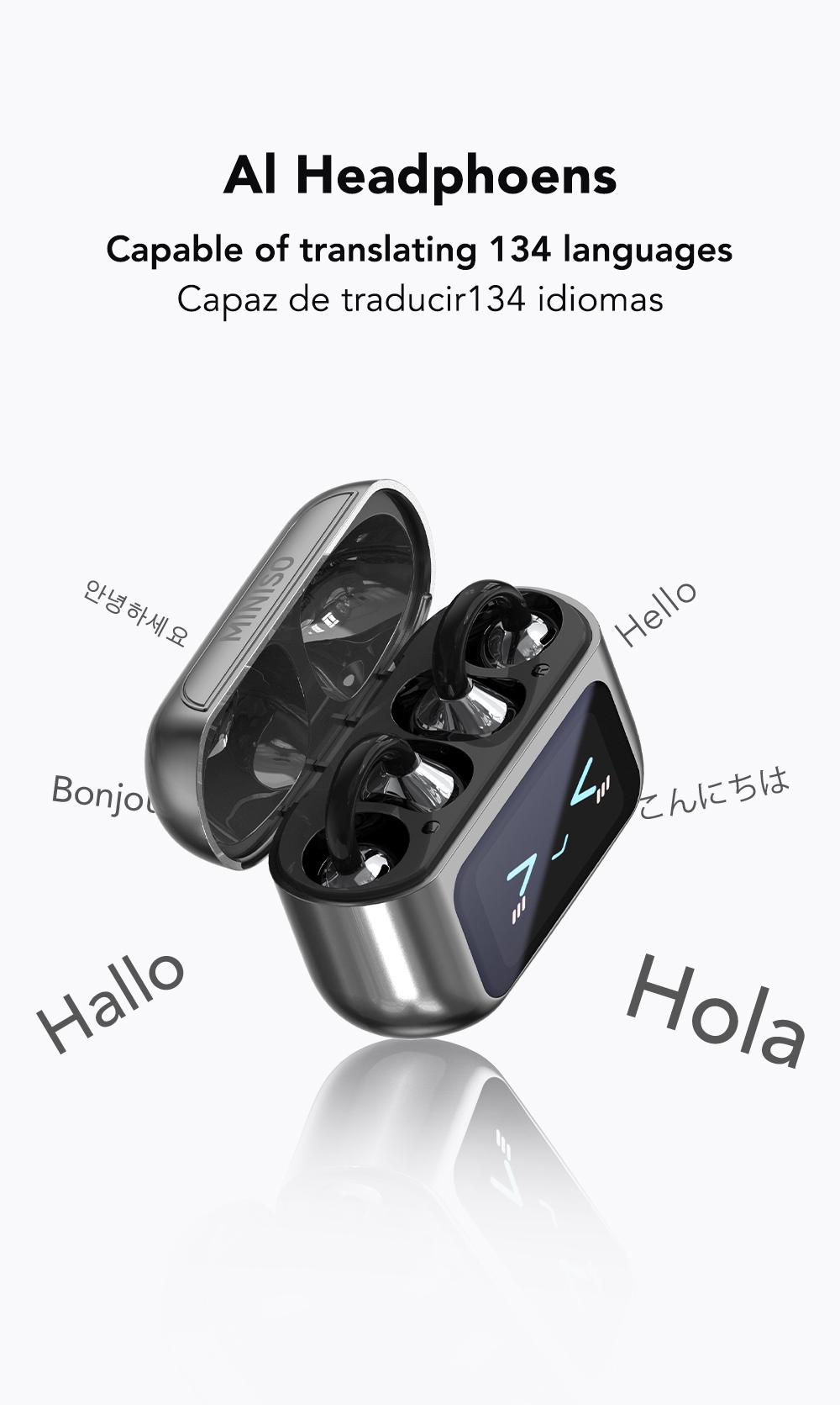 MINISO MS201 Translation Headphones, Support 134 Languages ​​Translation with APP, Clip-on Wireless Earphones, Color Touch Screen, Bluetooth 6.0, Suitable for Sports, Running and Work, HIFI Stereo Earbuds