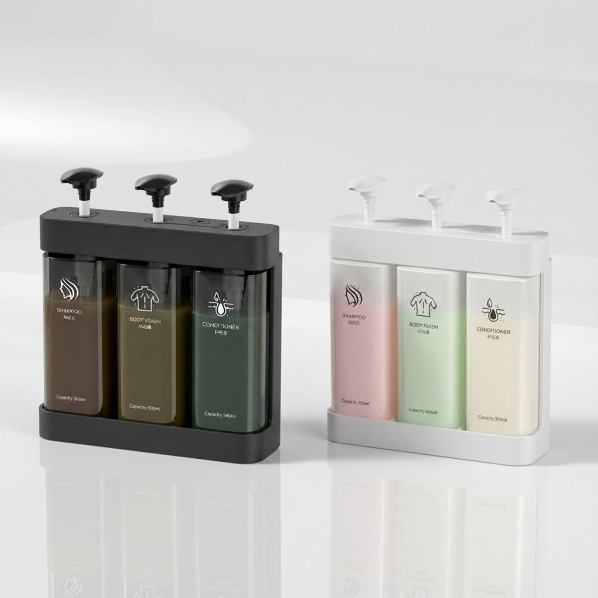 No-Drill Shampoo Dispenser Set, Wall Mounted Conditioner and Body Wash Storage Bottles, Multi-Chamber Push Pump Design, 500ml Large Capacity Refillable Shower Soap Dispenser for Bathroom, Hotel, Apartment and Dorm