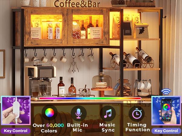 Sikaic 45.3 Inches Farmhouse Coffee Bar Bakers Rack with Power Outlet and LED Light Cabinet Kitchen with Storage Organiser Cup Holders Furniture Stand