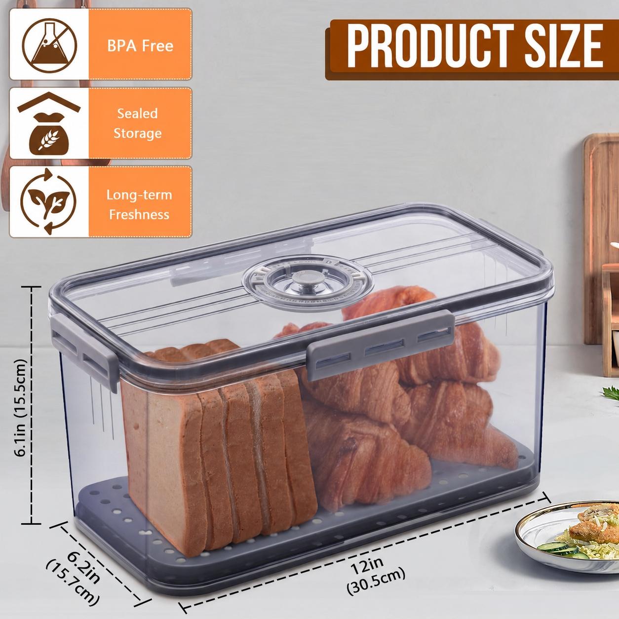 Bread Box for Kitchen Counter Airtight, Time Recording Bread Storage Container with Lid, Bread Keeper for Homemade Bread, Toast, Bagel, Donut and Cookies, Sealed Bread Box