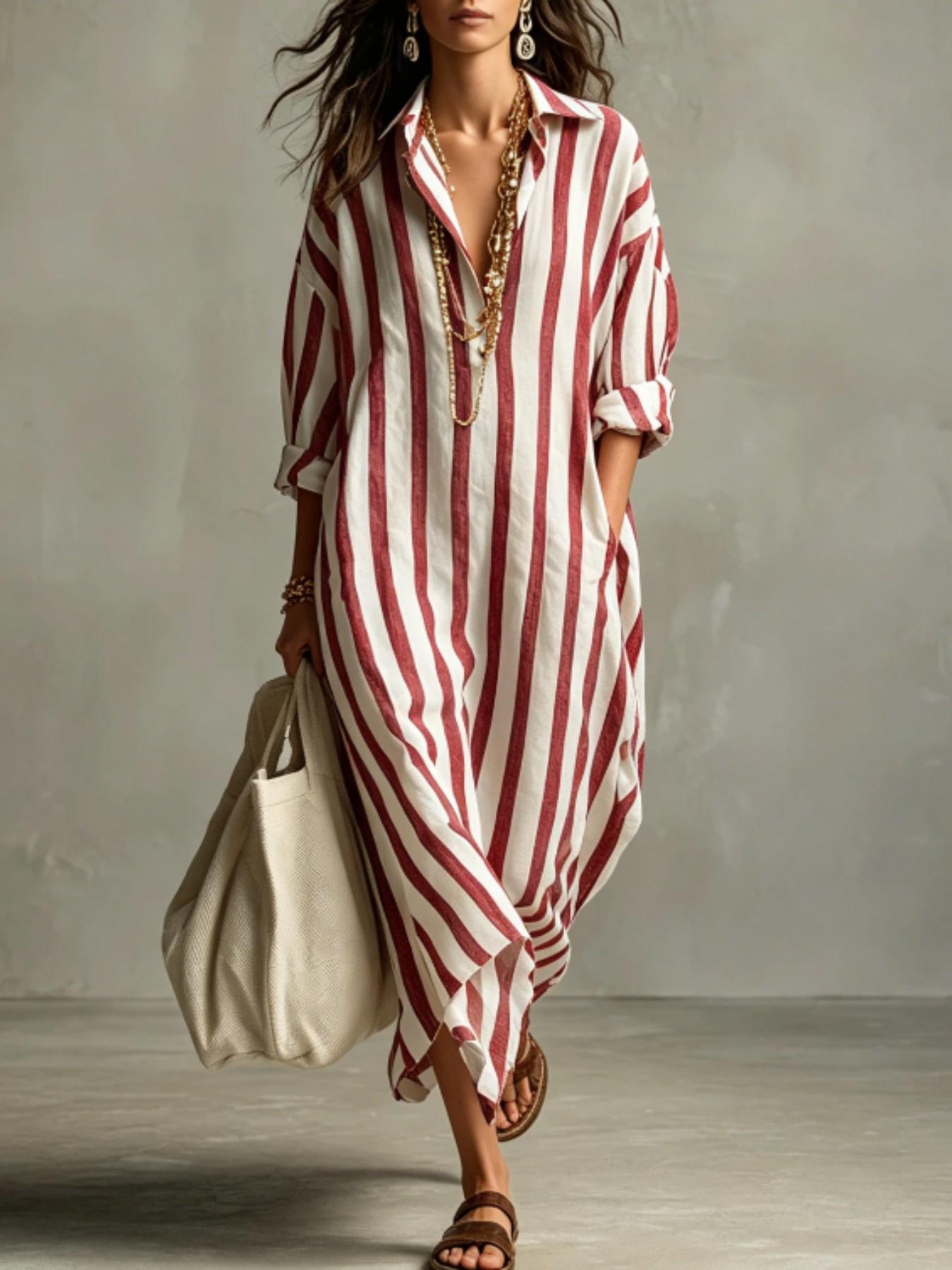 Summer Lightweight Loose Striped Long Shirt Dress, Casual Dress, Women's Comfortable Stylish Collared Three-Quarter Sleeve Pocket Dress, Comfortable and Stylish