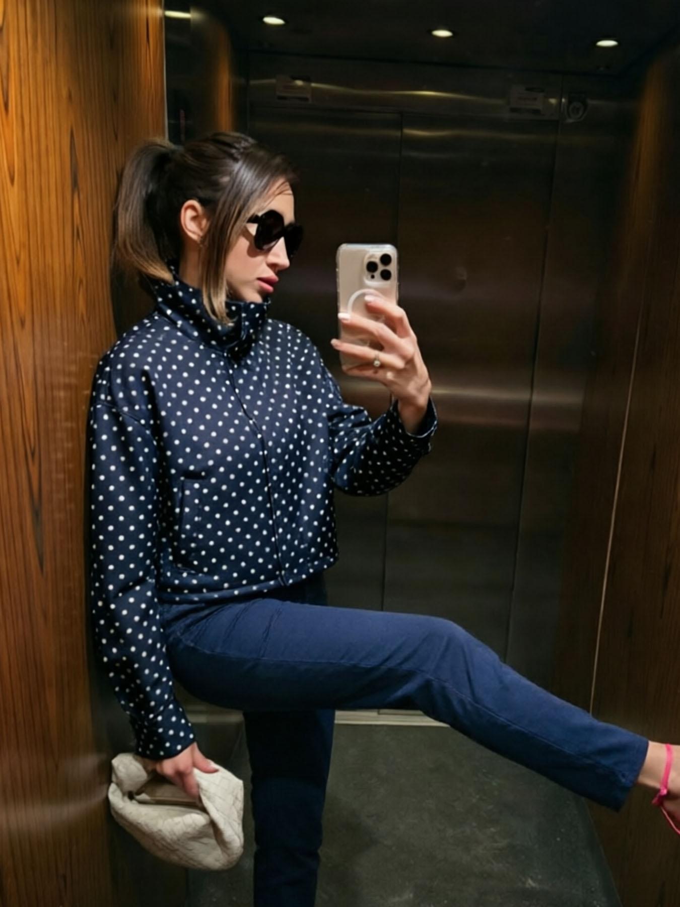 Polka Dot High Neck Women's Spring Jacket Windbreaker Cropped Coat Outdoor Bomber Jackets For Woman Outerwear Streetwear Demi-Season New In Jackets Fashionable Zipper Blue Woman Jackets Polka Dot Casual Jacket Casual Chic Outerwear Womenswear
