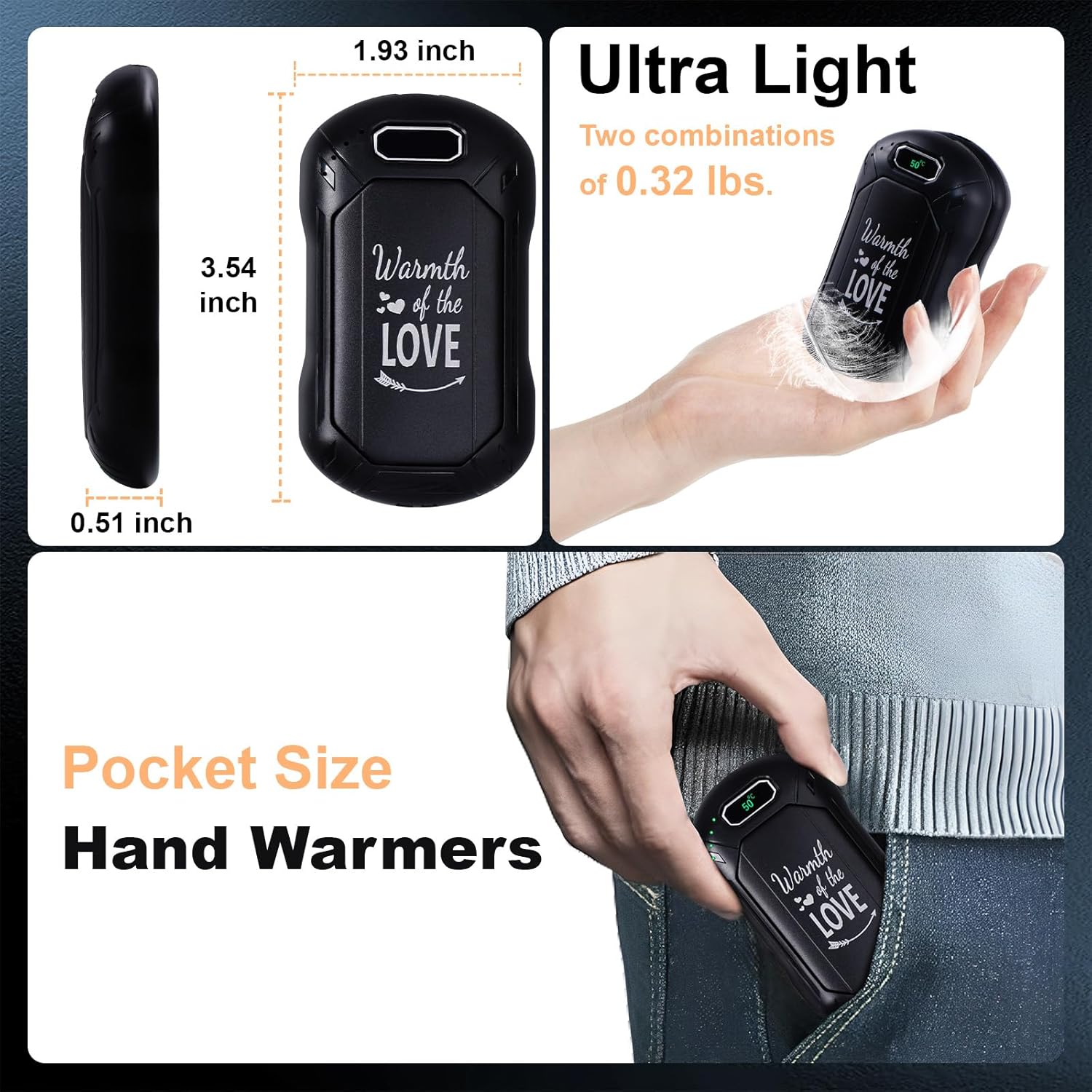 Hand Warmers Rechargeable 2 Pack, 6000mAh Electric Portable USB Heater, 3 Temperature Settings, Magnetic 2 in 1 Hand Warmers for Outdoor Camping, Hunting Gear, for Men,Women