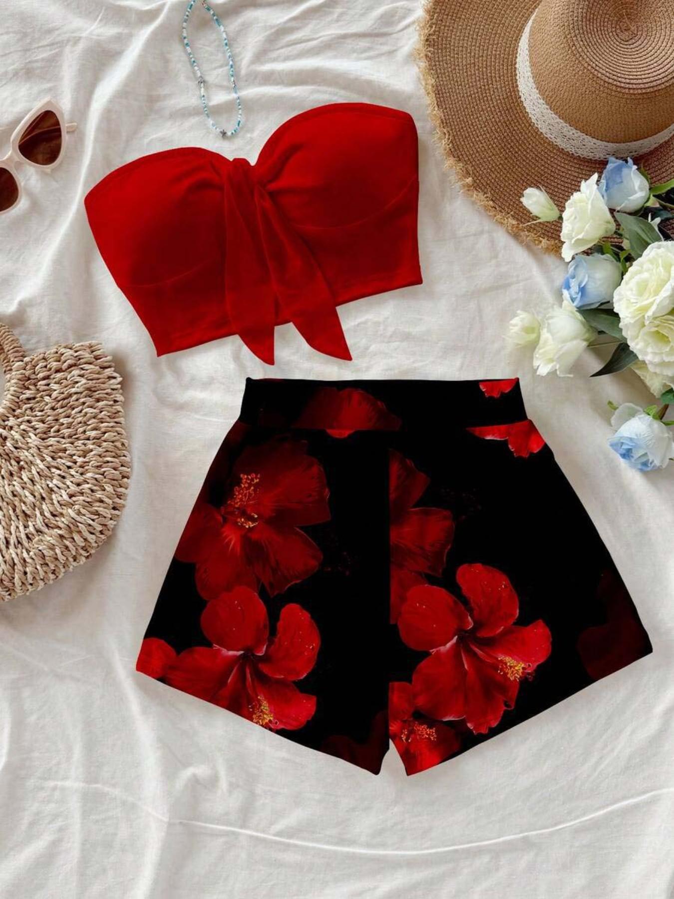 Women's Two-Piece Casual Bohemian Vacation Tie Front Crop Top and Print Shorts Set, Summer Beach Wear, Daily Festival Clothing