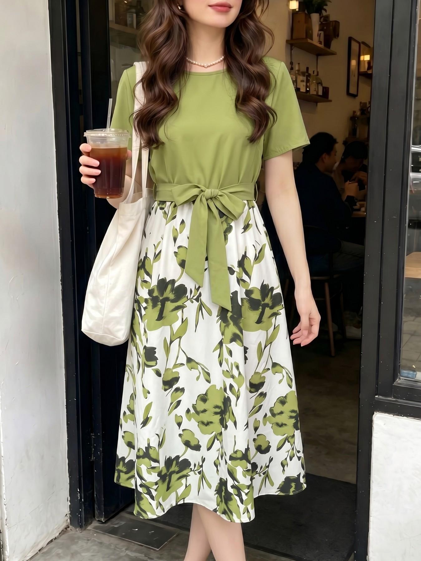 Women's Summer Short Sleeve Dress, Elegant Floral Print Long Skirt, Versatile Two-Piece Design, Soft & Chic Style, Perfect for Daily Wear  Slim Fit Waist Dress Ladies Casual Outfit
