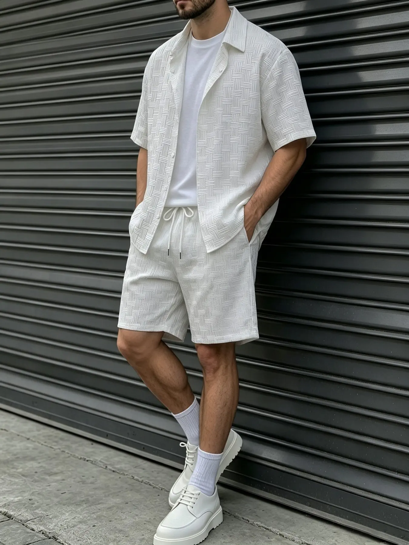 Men Summer 2 Piece Matching Set Dark Textured Camp Collar Short Sleeve Button Up Shirt & Drawstring Elastic Waist Casual Shorts, Lightweight Breathable Loose Tropical Beach Vacation Outfit Co Ord Suit (NO White Inner Undershirt Included）