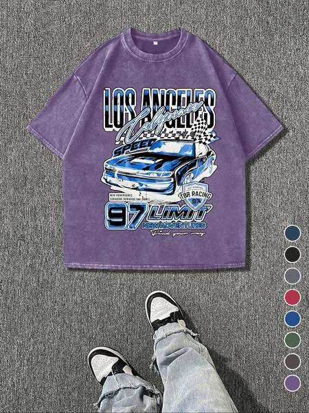 Men's Regular Fit Car Graphic Print Round Neck Tee, Vintage Trendy Casual Short Sleeve T-shirt for Daily Wear, Ladies Summer Outfit, Top