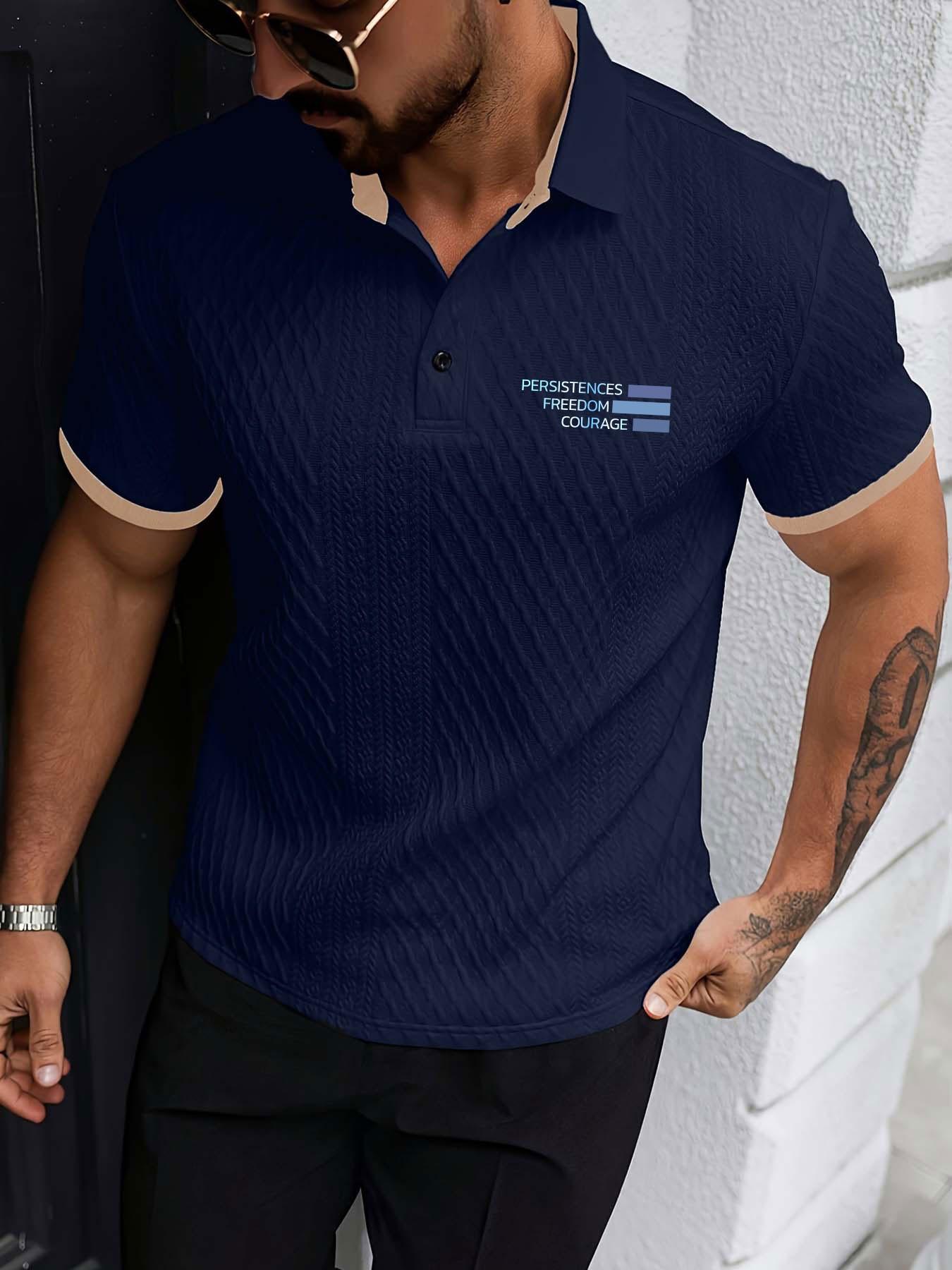 Men's Colorblock Polo Shirt with Textured Pattern, Button Short Sleeve, Geometric and Letter Print, Casual Daily Wear