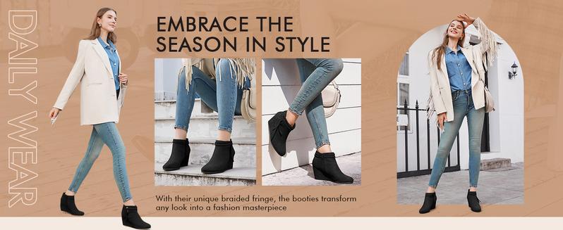 Coutgo Women's Western Wedge Ankle Boots Faux Suede Braided Fringe Strap 3 Inch Heel Fall Booties Dress Shoes Design