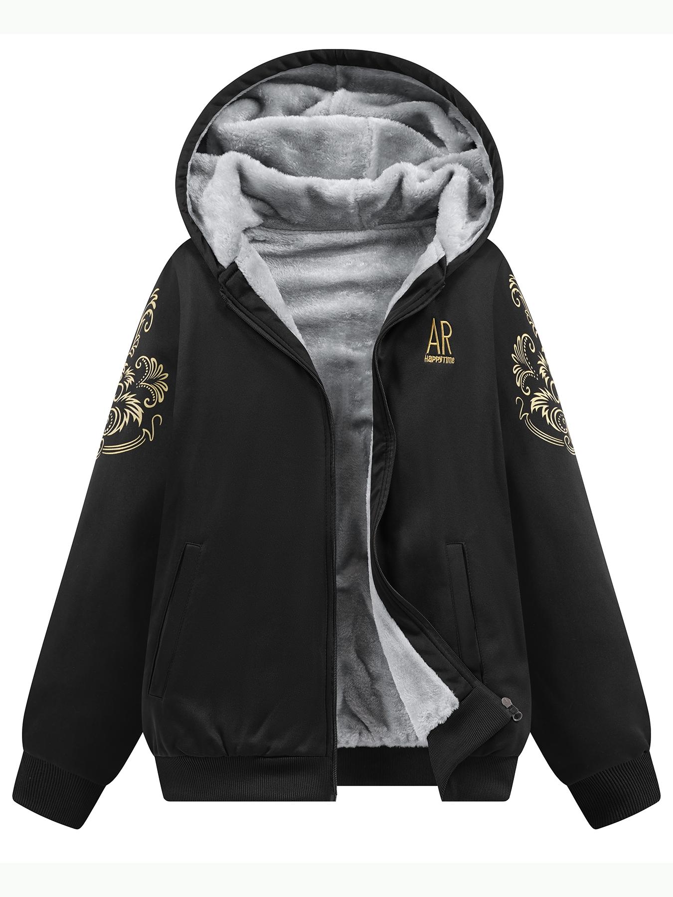 Thickened Hooded Long Sleeve Jacket with Letter Print, Elastic Waist Pants Set, Casual Fall & Winter, Women's Fashion
