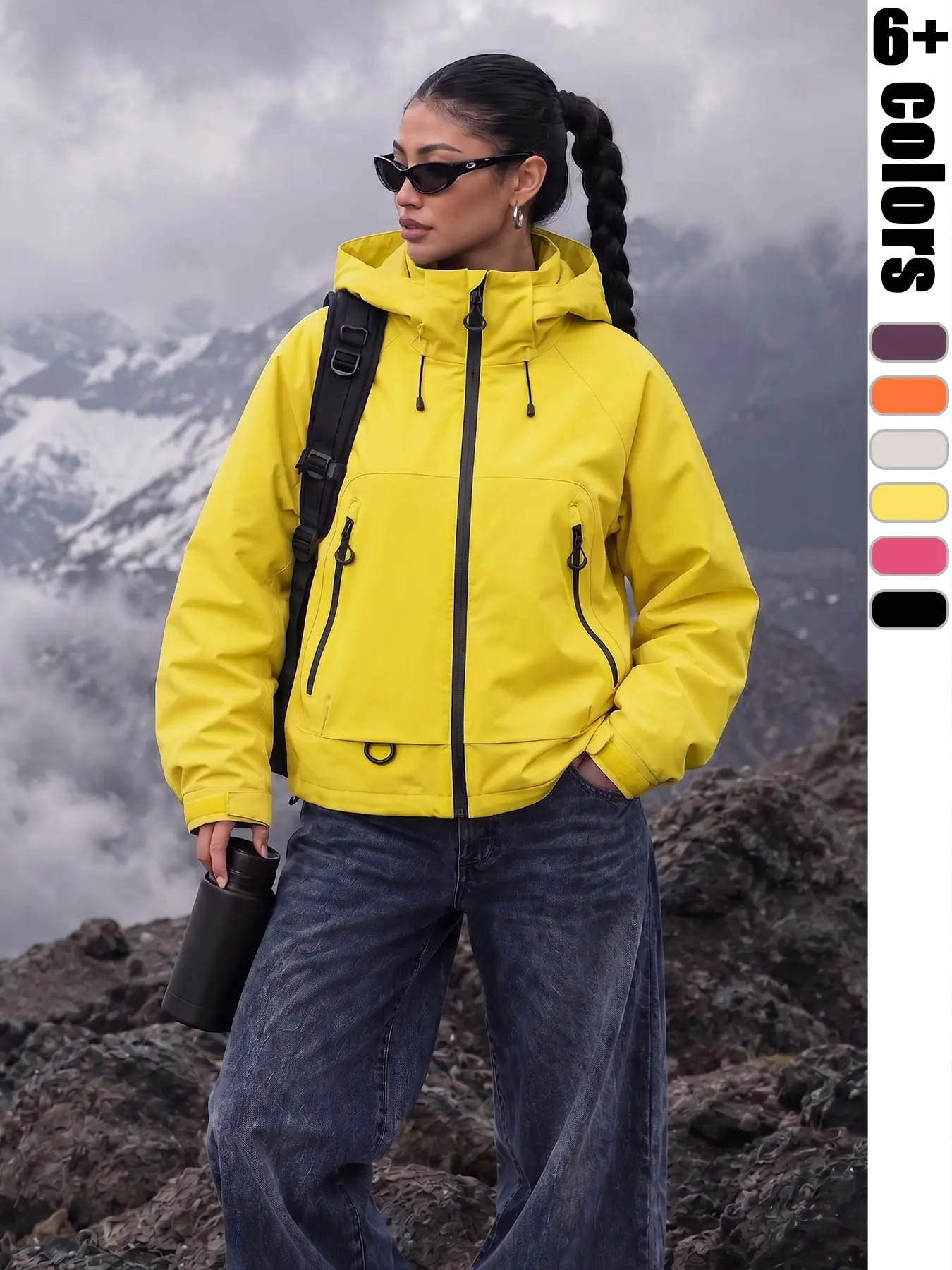 Women's Sporty Waterproof Hardshell Jacket, Wind-Resistant Full Seal Design, Adjustable Hood, Ideal for Hiking, Camping, Skiing