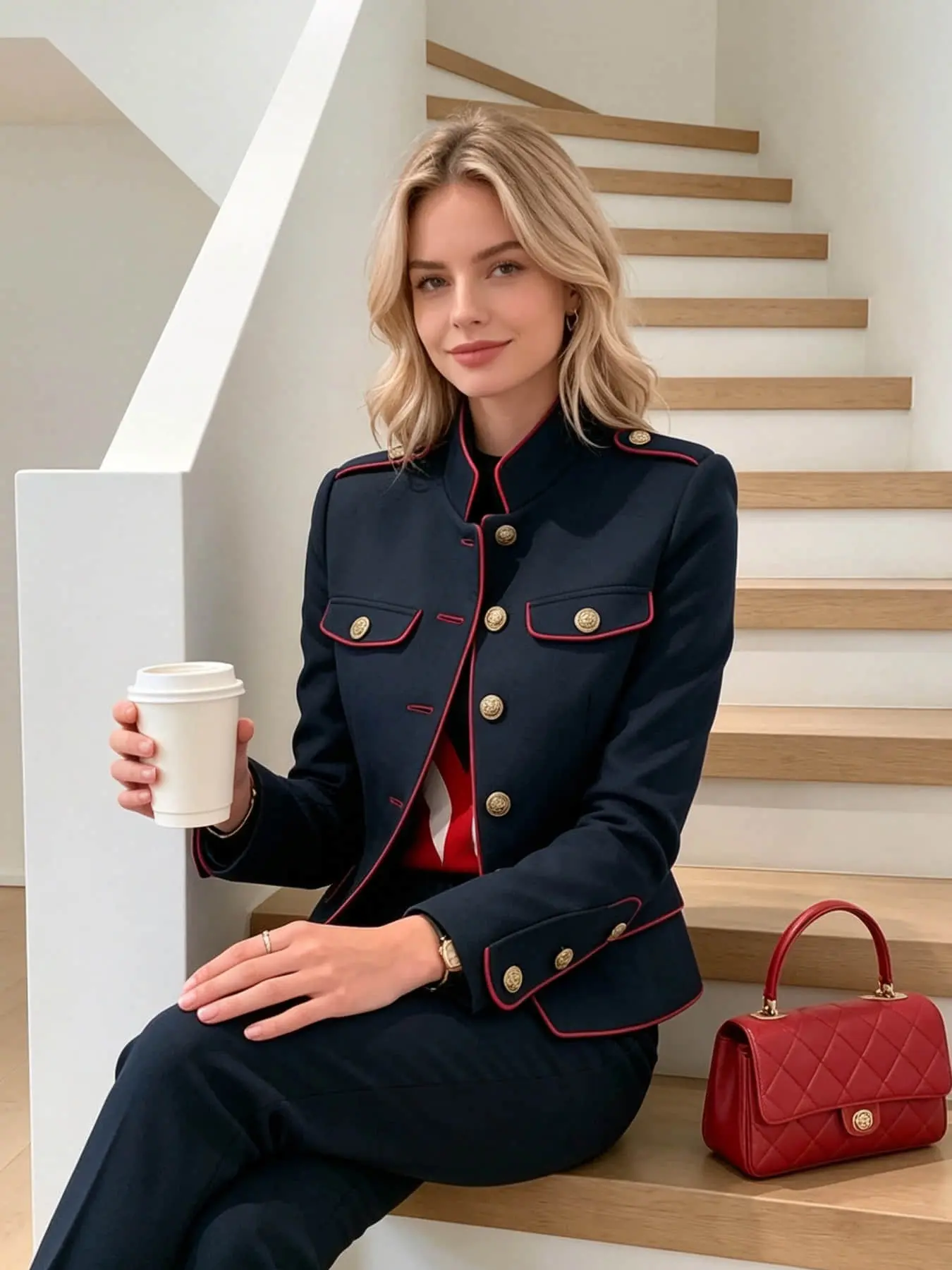 A plus size women's fashionable light luxury socialite style contrasting color rolled edge slim fit stand up collar jacket, suitable for autumn and winter, suitable for street travel, dining, weekend outings, art exhibition check-in, and business meetings