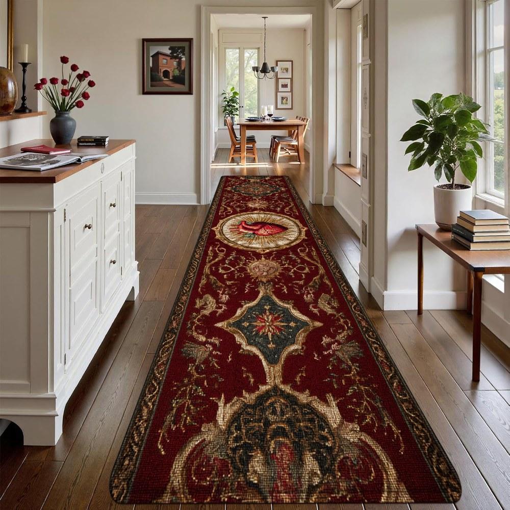 1PC， Wine - red Carpet with Heart Pattern strip rugs, home décor, bathroom mats, entryway mats, bathroom non-slip mats, indoor entrance rugs, bedroom bedside mats, kitchen mats, hallway rugs, flannel sponge rugs, hallway runner rugs