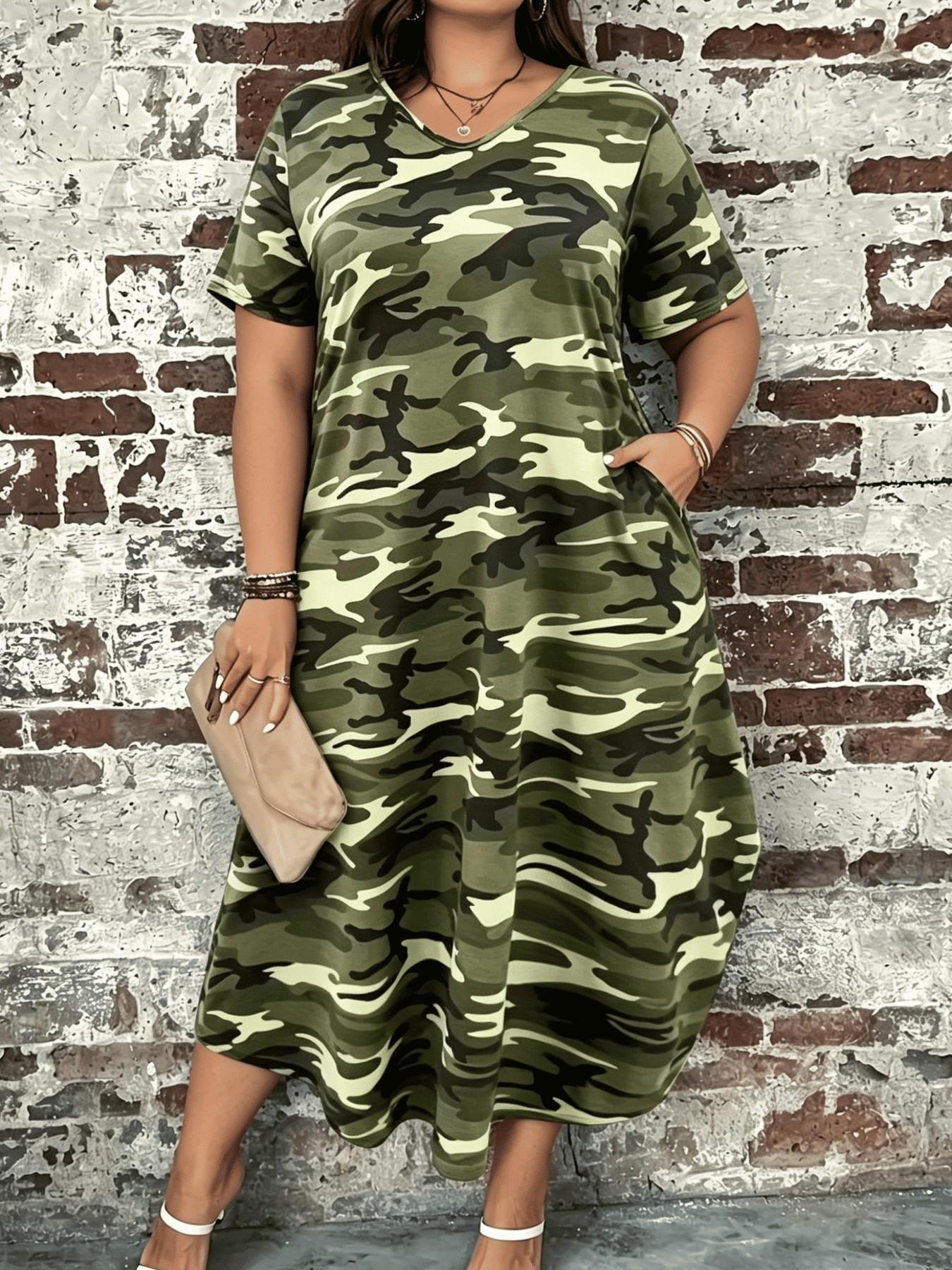 Plus Size Camouflage Print Maxi Dress, Short Sleeve, V Neck, Loose Fit, Curvy Casual Wear, Tummy Hiding, Summer, Pockets