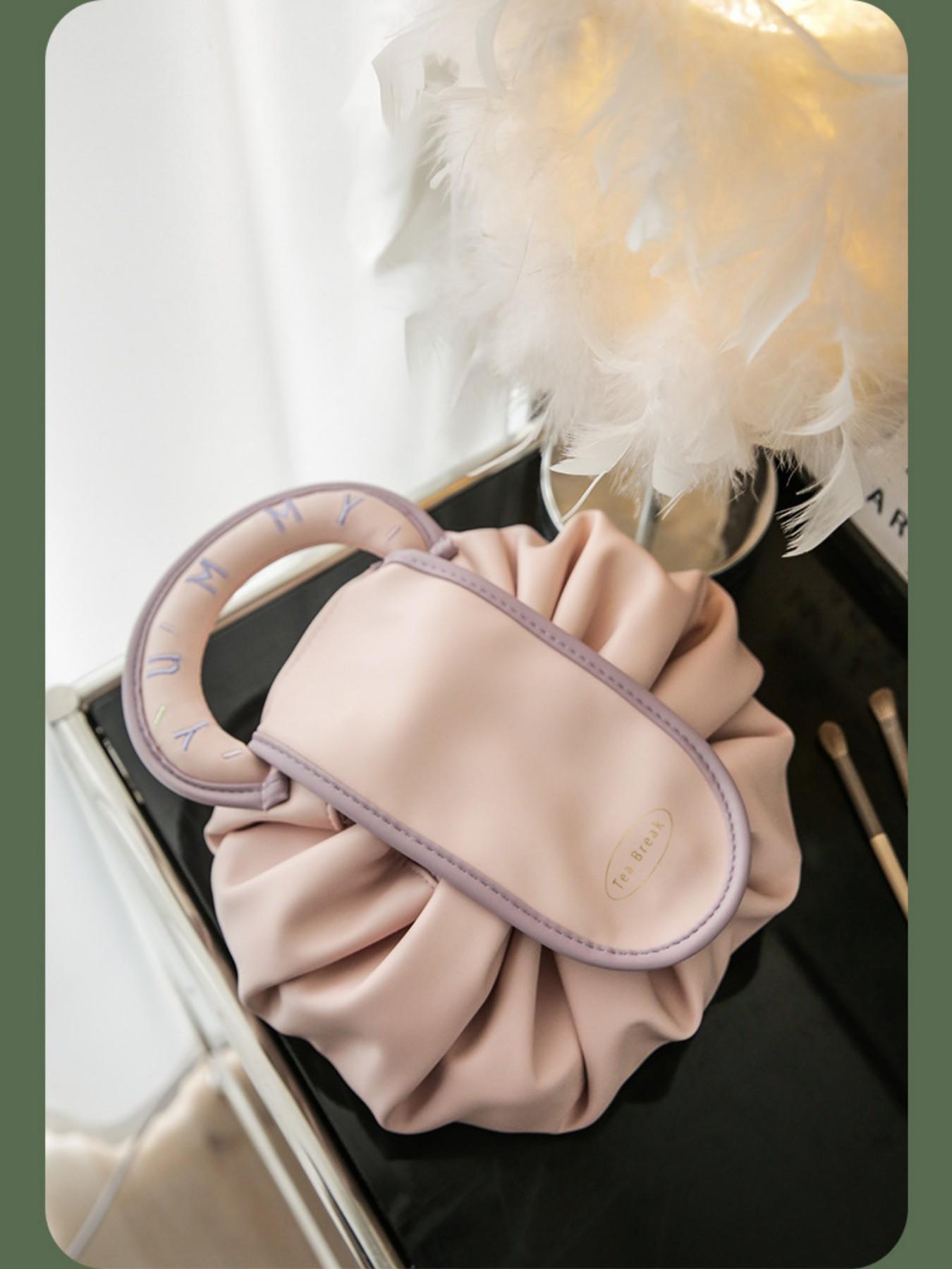 New Lazy Drawstring Makeup Bag for Women, Portable Waterproof PU Travel Wash Bag, Handheld Storage Pouch Box, High-End Design