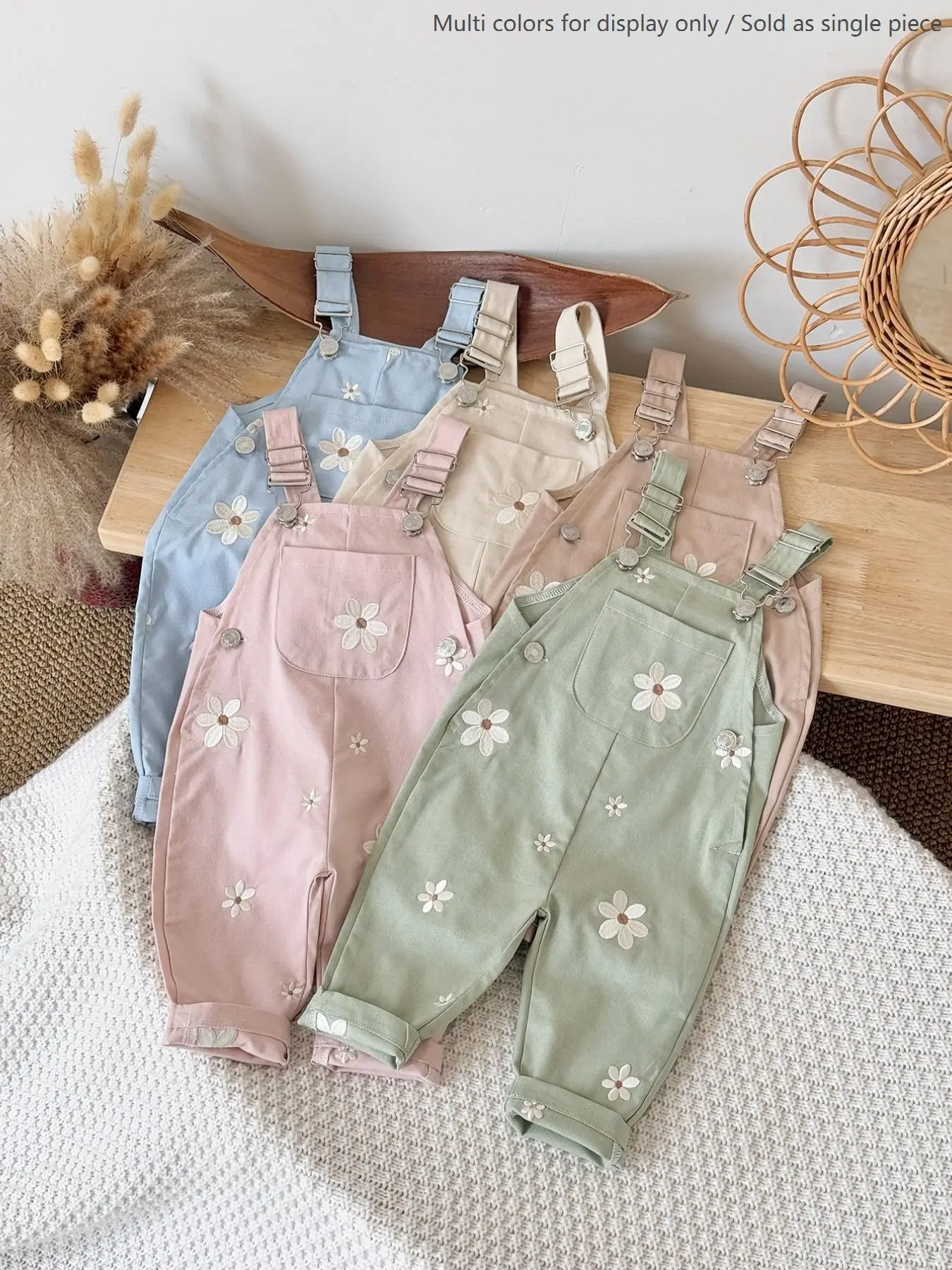 Macaron Color Small Flower Embroidered Cargo Pants, Baby Fashion Loose Fit Casual Pants, Infant Outdoor Wear, Spring & Fall, Baby Clothing
