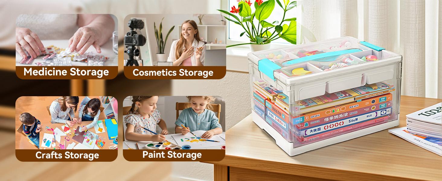 24QT Clear Plastic Craft Organizers and Storage, Art Supply Organizer with Removable Tray and Dividers, Craft Supplies Organizer with Handle, Arts and Crafts Bin for Sewing, Coloring Book, Crayon