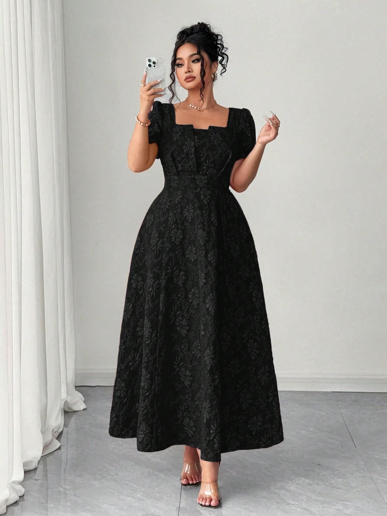 Plus Size Embroidered Square Neck Bubble Sleeve Belted A-Line Long Dress, Vintage Court Style, Elegant Women's Clothing